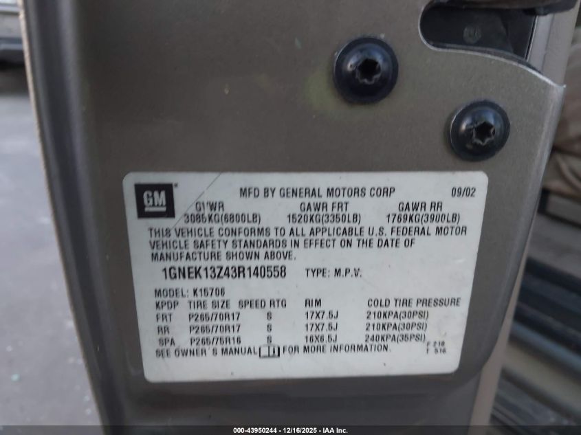 2003 Chevrolet Tahoe Z71 VIN: 1GNEK13Z43R140558 Lot: 43950244