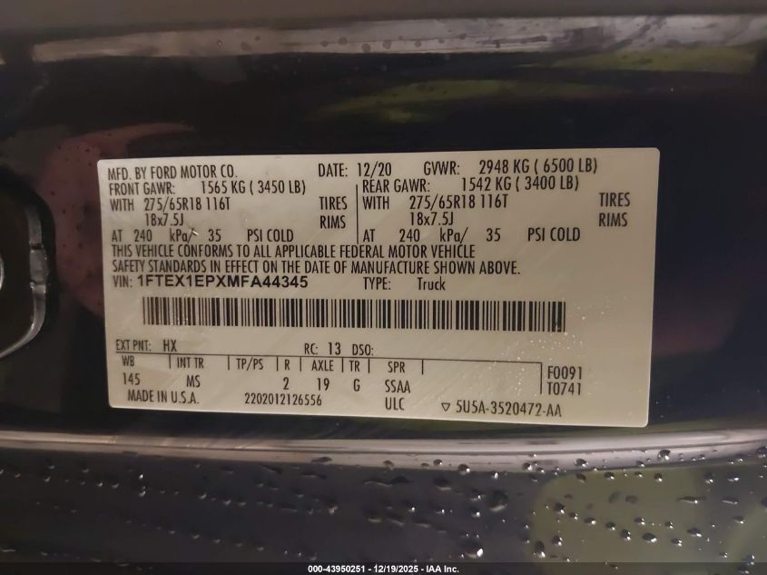 2021 Ford F-150 Xlt VIN: 1FTEX1EPXMFA44345 Lot: 43950251