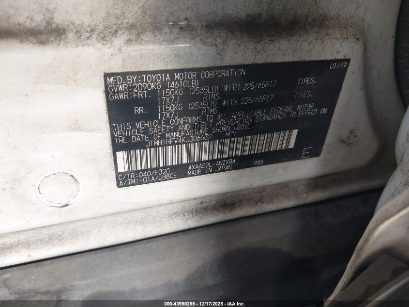 2019 Toyota Rav4 Le VIN: JTMH1RFV4KJ006632 Lot: 43950255