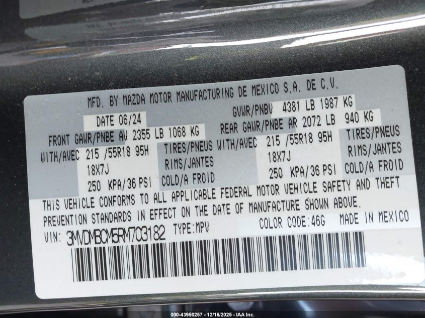 2024 Mazda Cx-30 2.5 S Preferred Package VIN: 3MVDMBCM5RM703182 Lot: 43950257