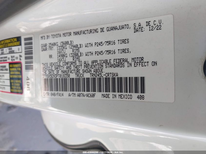 2023 Toyota Tacoma Sr VIN: 3TYSX5EN3PT018350 Lot: 43950258