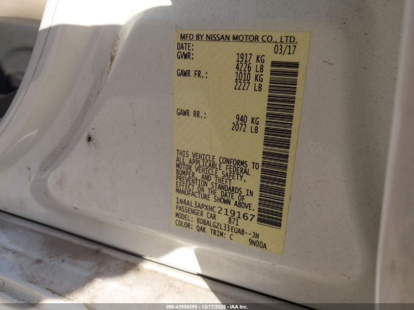 2017 Nissan Altima 2.5 S VIN: 1N4AL3APXHC219167 Lot: 43950259