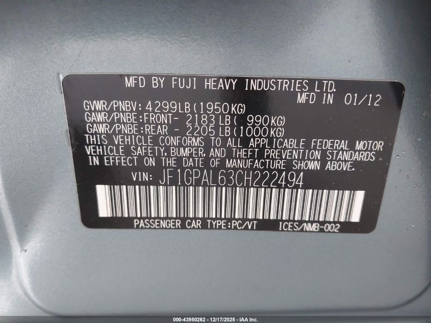 2012 Subaru Impreza 2.0I Sport Premium VIN: JF1GPAL63CH222494 Lot: 43950262