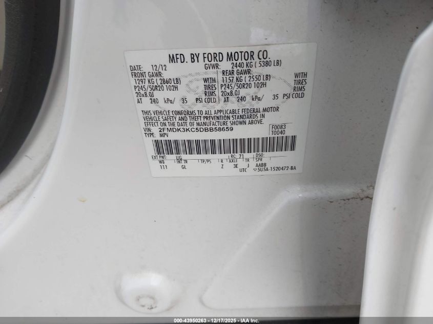 2013 Ford Edge Limited VIN: 2FMDK3KC5DBB58659 Lot: 43950263