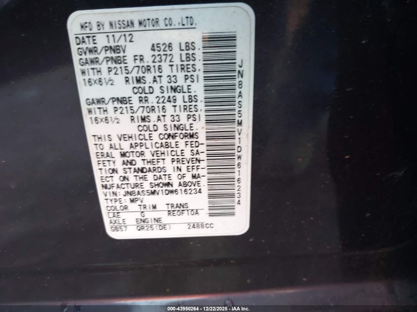 2013 Nissan Rogue S VIN: JN8AS5MV1DW616234 Lot: 43950264