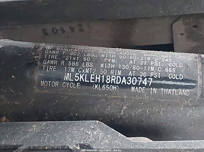 2024 Kawasaki Kl650 H VIN: ML5KLEH18RDA30747 Lot: 43950265