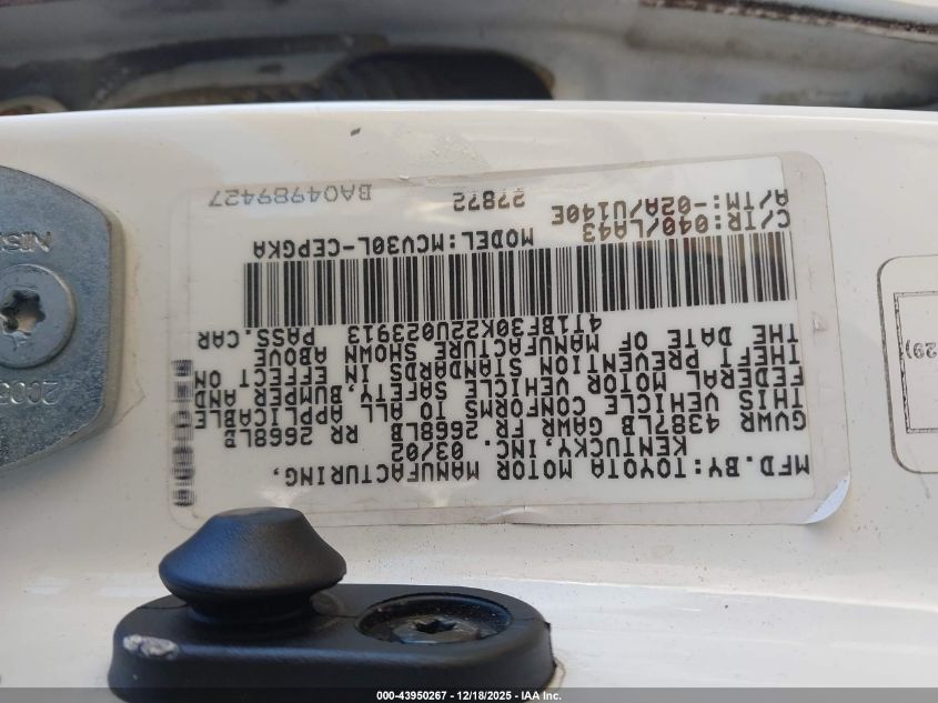 2002 Toyota Camry Xle V6 VIN: 4T1BF30K22U023913 Lot: 43950267