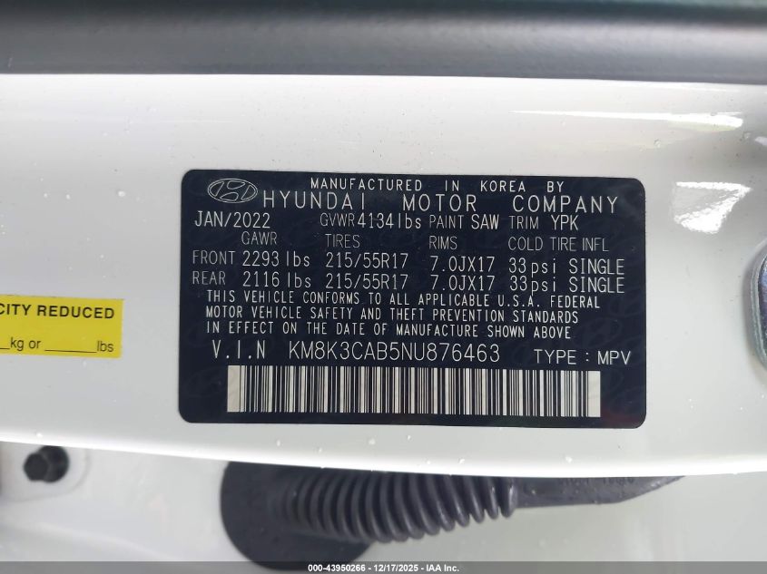 2022 Hyundai Kona Sel VIN: KM8K3CAB5NU876463 Lot: 43950266