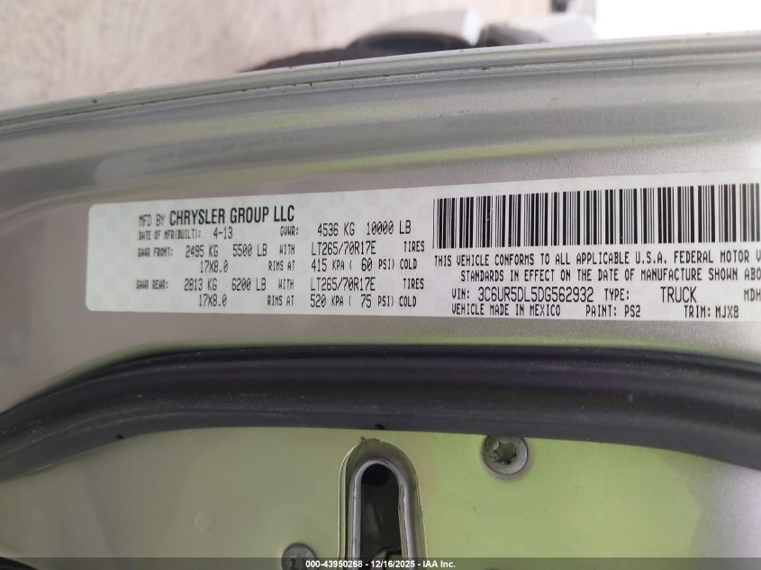 2013 Ram 2500 Lone Star VIN: 3C6UR5DL5DG562932 Lot: 43950268