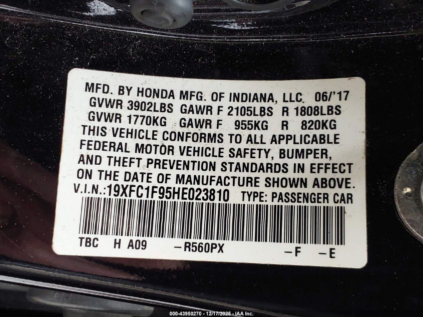 2017 Honda Civic Touring VIN: 19XFC1F95HE023810 Lot: 43950270
