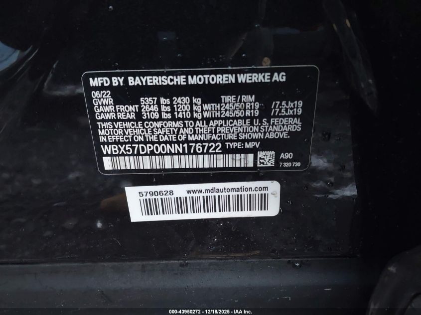 2022 BMW X3 xDrive30I VIN: WBX57DP00NN176722 Lot: 43950272