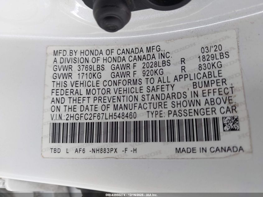 2020 Honda Civic Lx VIN: 2HGFC2F67LH548460 Lot: 43950274