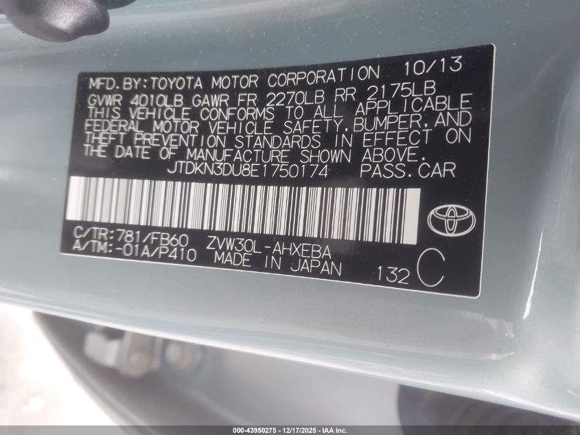 2014 Toyota Prius Three VIN: JTDKN3DU8E1750174 Lot: 43950275