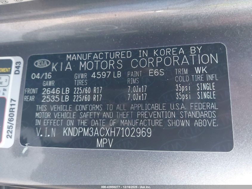 2017 Kia Sportage Lx VIN: KNDPM3ACXH7102969 Lot: 43950277