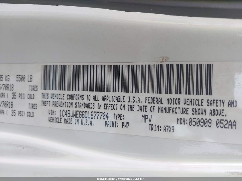 2013 Jeep Wrangler Unlimited Sahara VIN: 1C4BJWEG6DL677704 Lot: 43950283