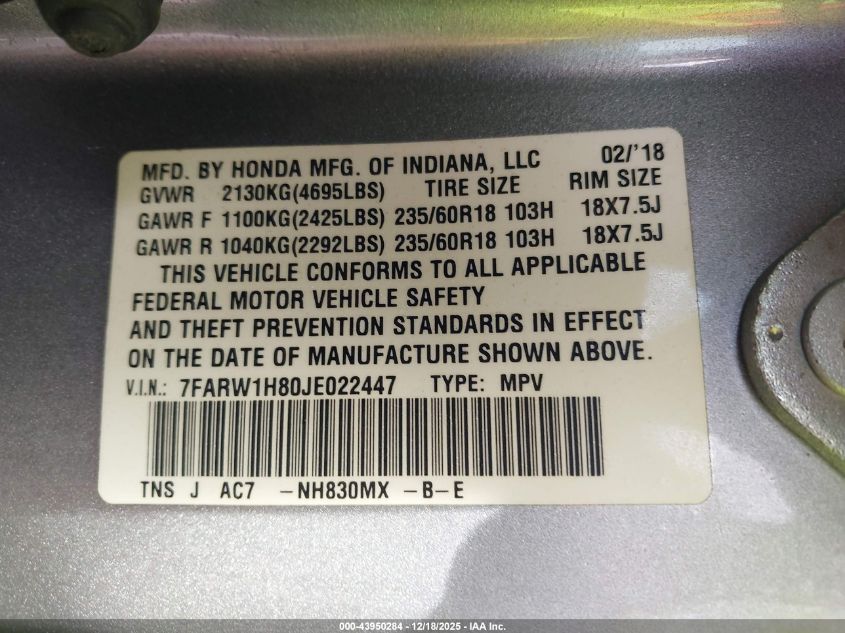 2018 Honda Cr-V Ex-L/Ex-L Navi VIN: 7FARW1H80JE022447 Lot: 43950284
