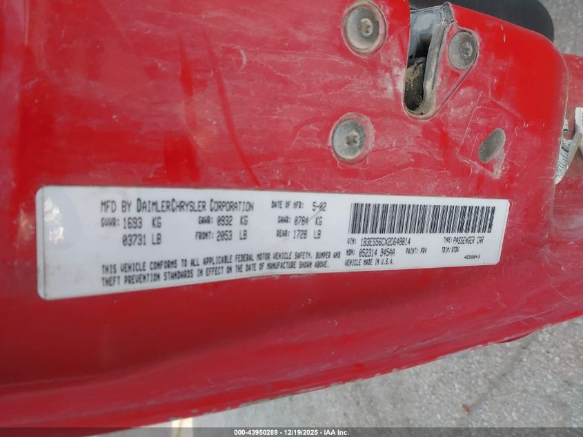 2002 Dodge Neon Sxt VIN: 1B3ES56CX2D648814 Lot: 43950289