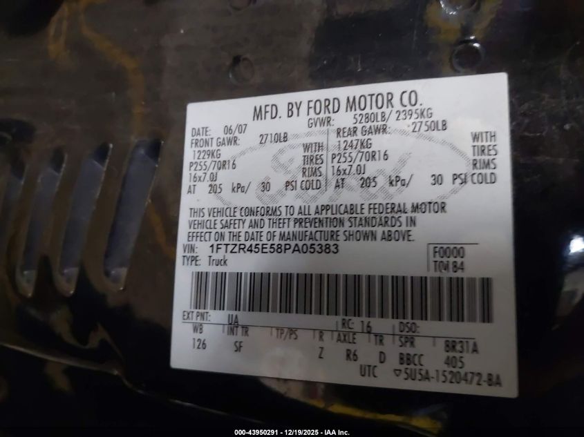 2008 Ford Ranger Fx4 Off-Road/Sport/Xlt VIN: 1FTZR45E58PA05383 Lot: 43950291