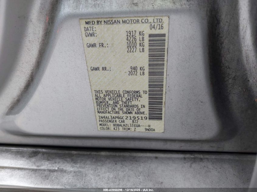 2016 Nissan Altima 2.5 Sr VIN: 1N4AL3AP6GC219519 Lot: 43950296