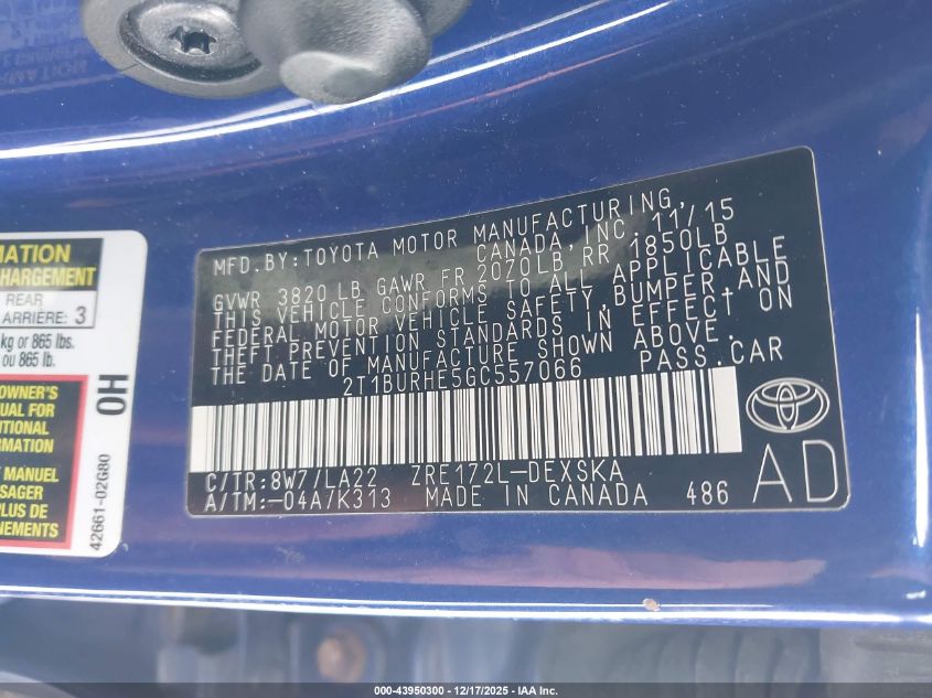 2016 Toyota Corolla S Premium VIN: 2T1BURHE5GC557066 Lot: 43950300