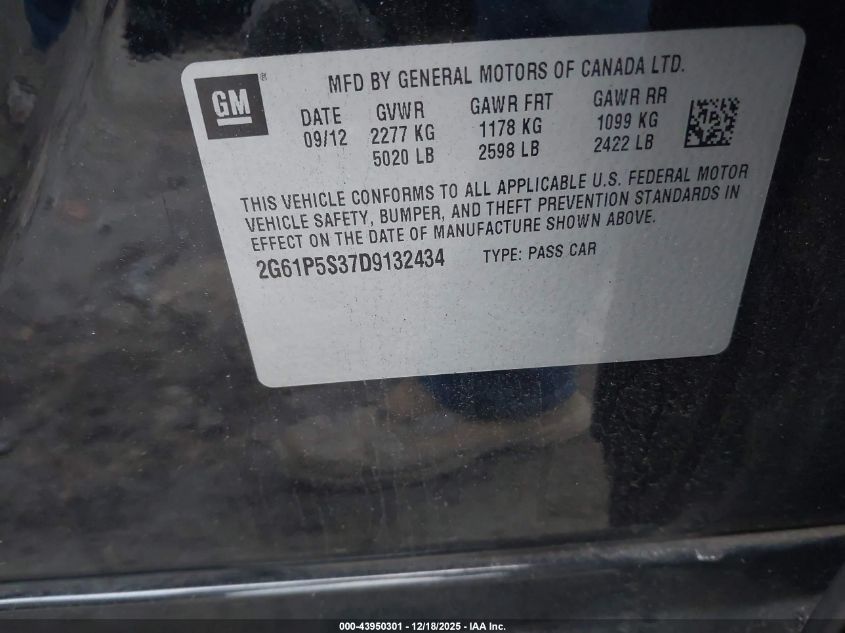 2013 Cadillac Xts Luxury VIN: 2G61P5S37D9132434 Lot: 43950301