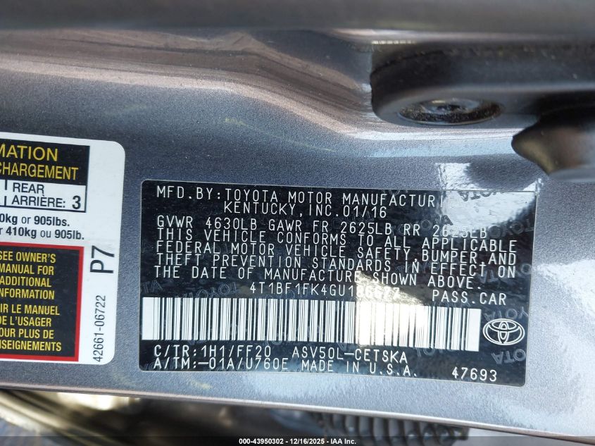 2016 Toyota Camry Se VIN: 4T1BF1FK4GU186677 Lot: 43950302