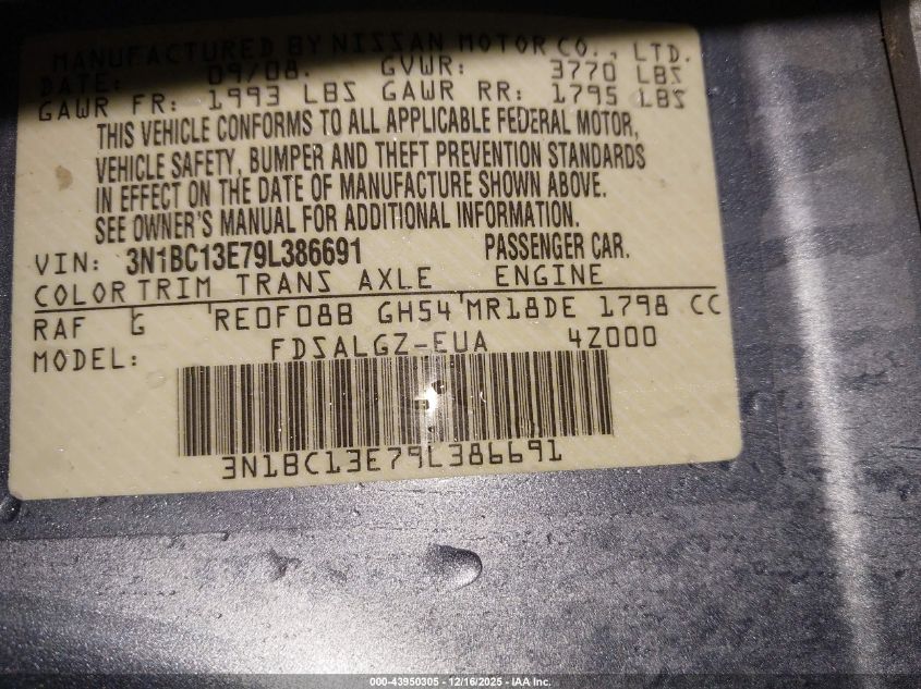 2009 Nissan Versa 1.8Sl VIN: 3N1BC13E79L386691 Lot: 43950305