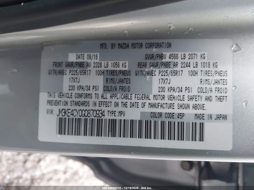 2016 Mazda Cx-5 Touring VIN: JM3KE4CY0G0870934 Lot: 43950310