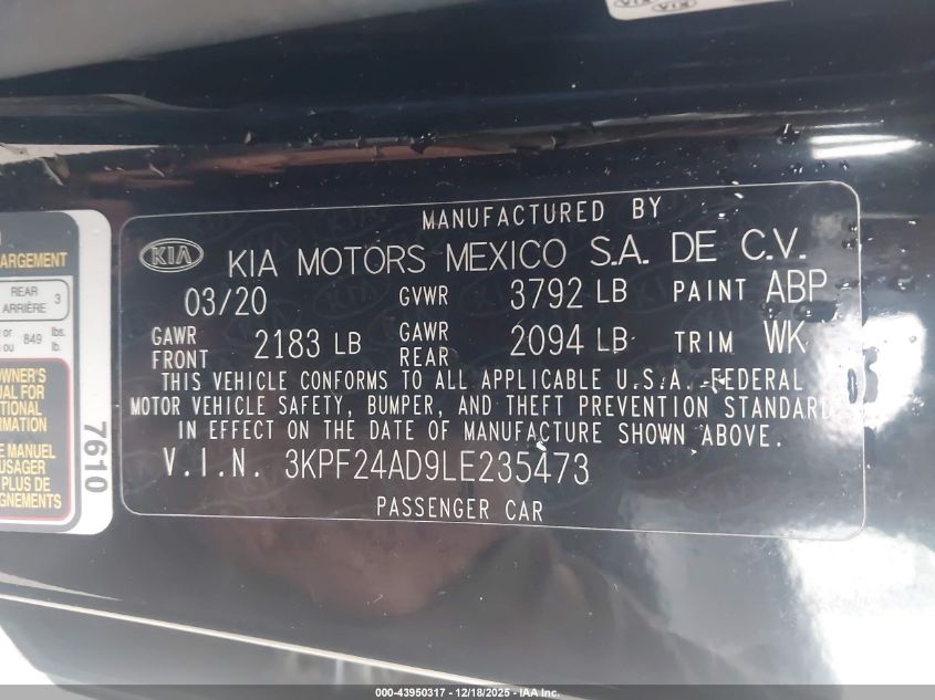 2020 Kia Forte Lxs VIN: 3KPF24AD9LE235473 Lot: 43950317
