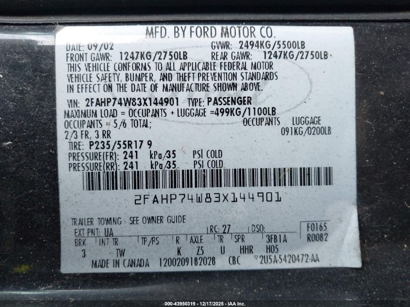 2003 Ford Crown Victoria Lx VIN: 2FAHP74W83X144901 Lot: 43950319