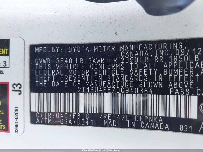 2013 Toyota Corolla Le VIN: 2T1BU4EE7DC940364 Lot: 43950320