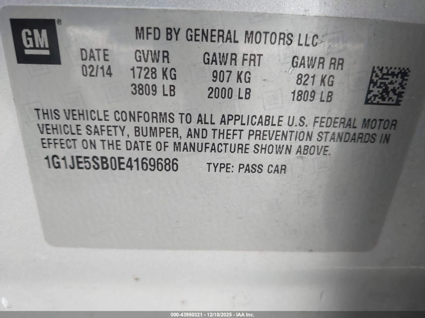 2014 Chevrolet Sonic Ltz Auto VIN: 1G1JE5SB0E4169686 Lot: 43950321