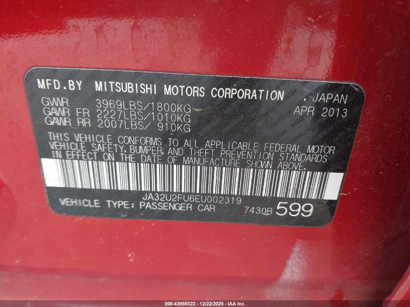 2014 Mitsubishi Lancer Es VIN: JA32U2FU6EU002319 Lot: 43950322