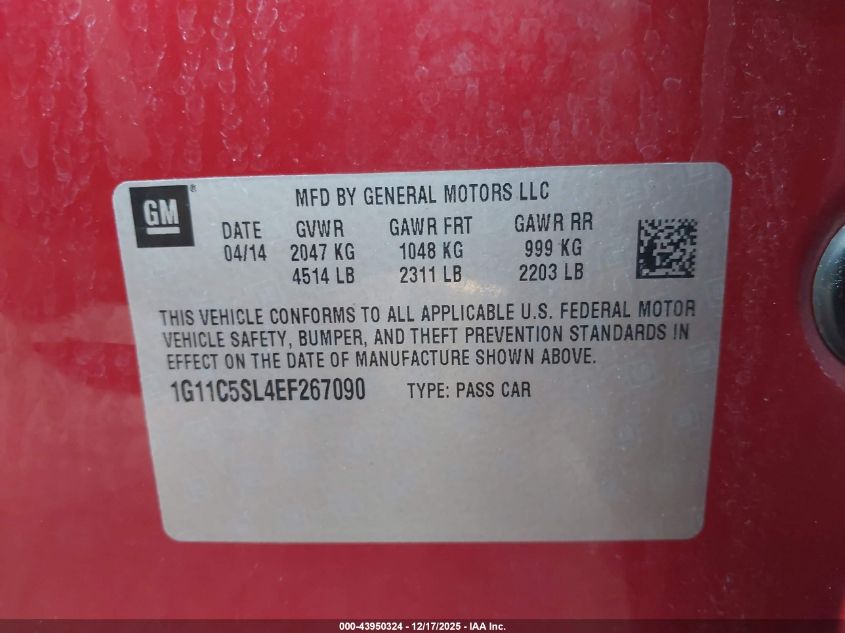 2014 Chevrolet Malibu 1Lt VIN: 1G11C5SL4EF267090 Lot: 43950324