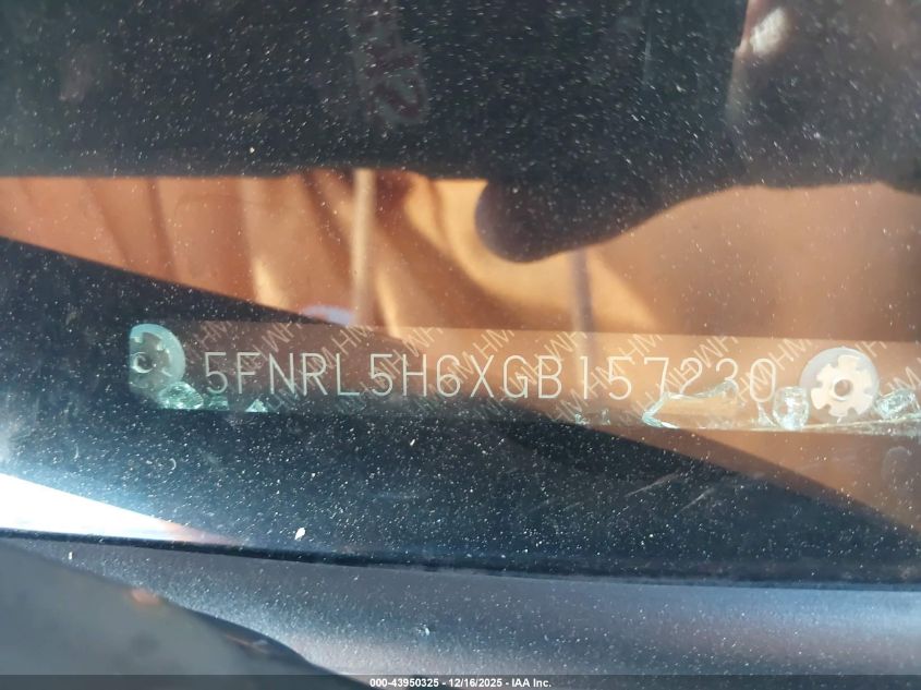 2016 Honda Odyssey Ex-L VIN: 5FNRL5H6XGB157230 Lot: 43950325