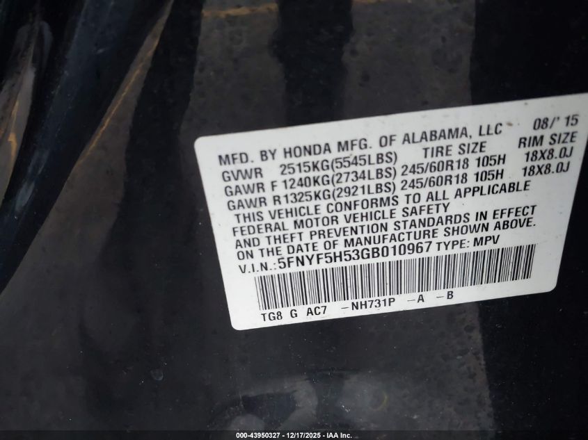 2016 Honda Pilot Ex-L VIN: 5FNYF5H53GB010967 Lot: 43950327