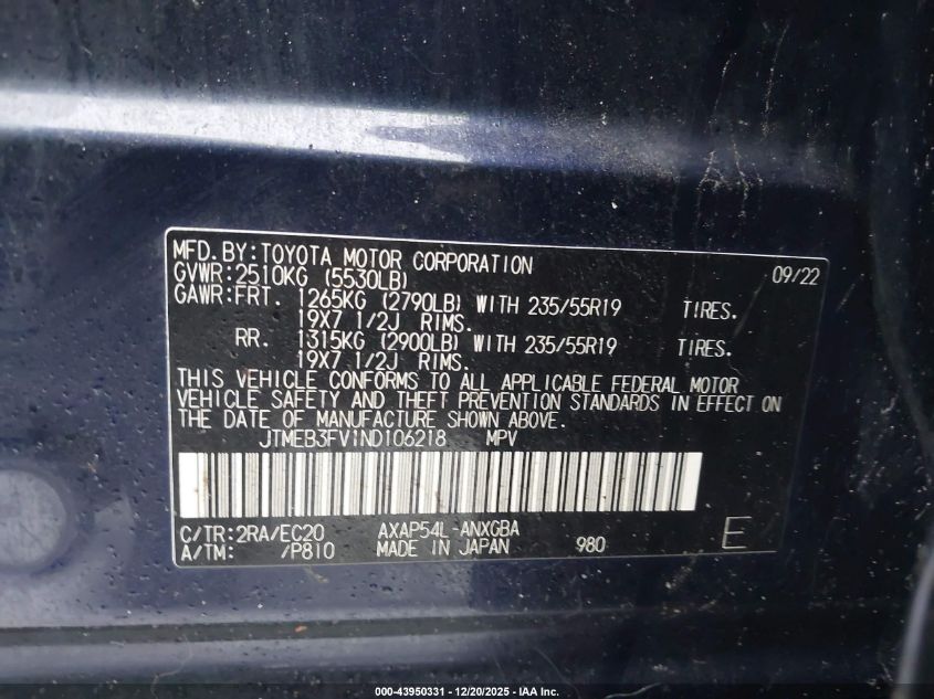 2022 Toyota Rav4 Prime Xse VIN: JTMEB3FV1ND106218 Lot: 43950331