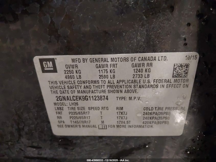 2016 Chevrolet Equinox Lt VIN: 2GNALCEK9G1123874 Lot: 43950333