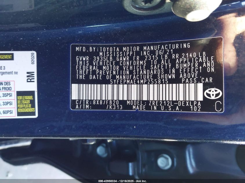 2021 Toyota Corolla Le VIN: 5YFEPMAE4MP255815 Lot: 43950334