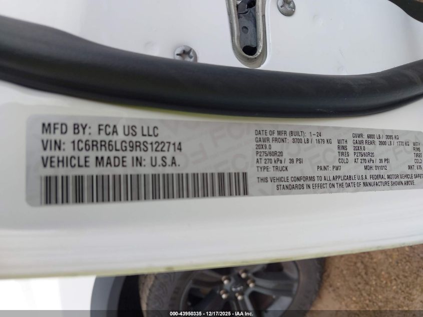 2024 Ram 1500 Classic Warlock 4X2 5'7 Box VIN: 1C6RR6LG9RS122714 Lot: 43950335