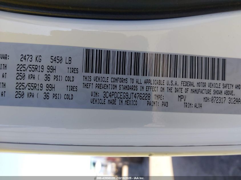 2018 Dodge Journey Gt VIN: 3C4PDCEG9JT476228 Lot: 43950339