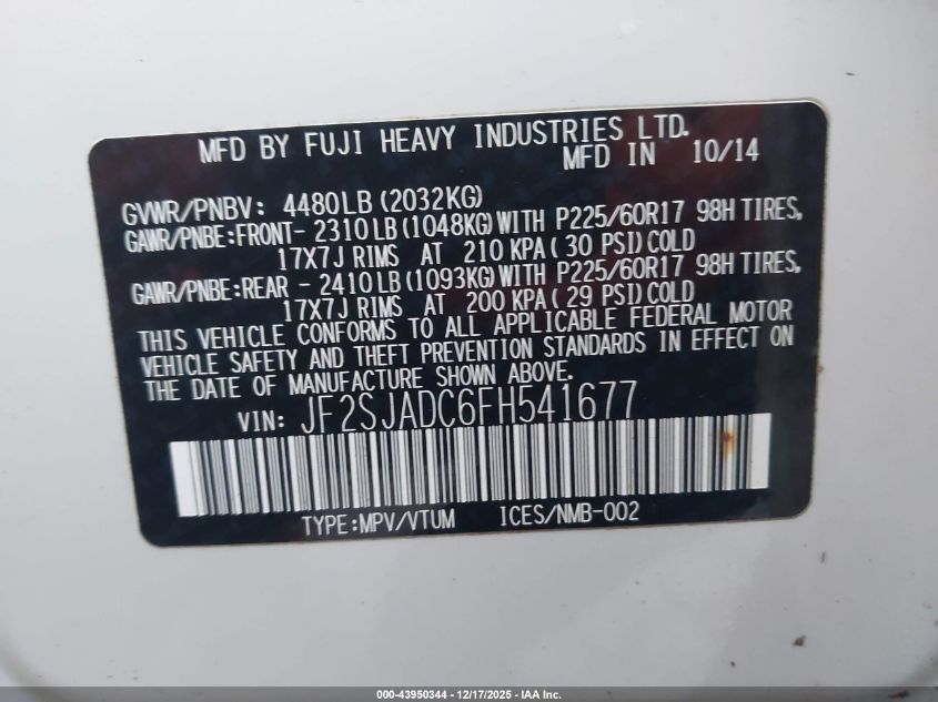 2015 Subaru Forester 2.5I Premium VIN: JF2SJADC6FH541677 Lot: 43950344