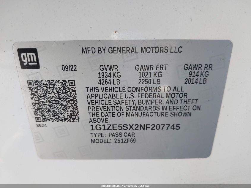 2022 Chevrolet Malibu Fwd Premier VIN: 1G1ZE5SX2NF207745 Lot: 43950345