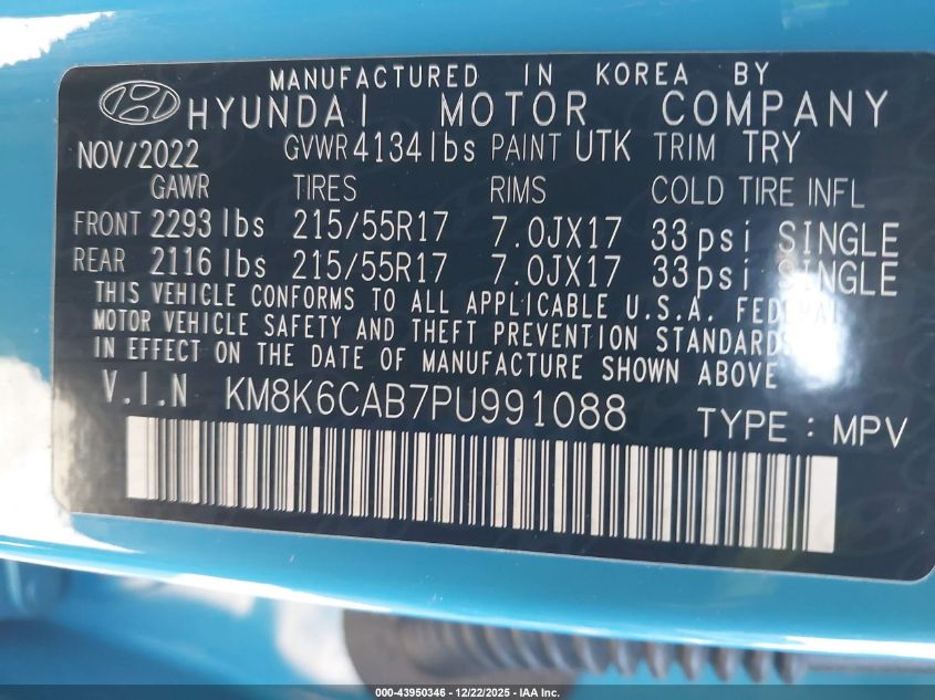 2023 Hyundai Kona Sel VIN: KM8K6CAB7PU991088 Lot: 43950346