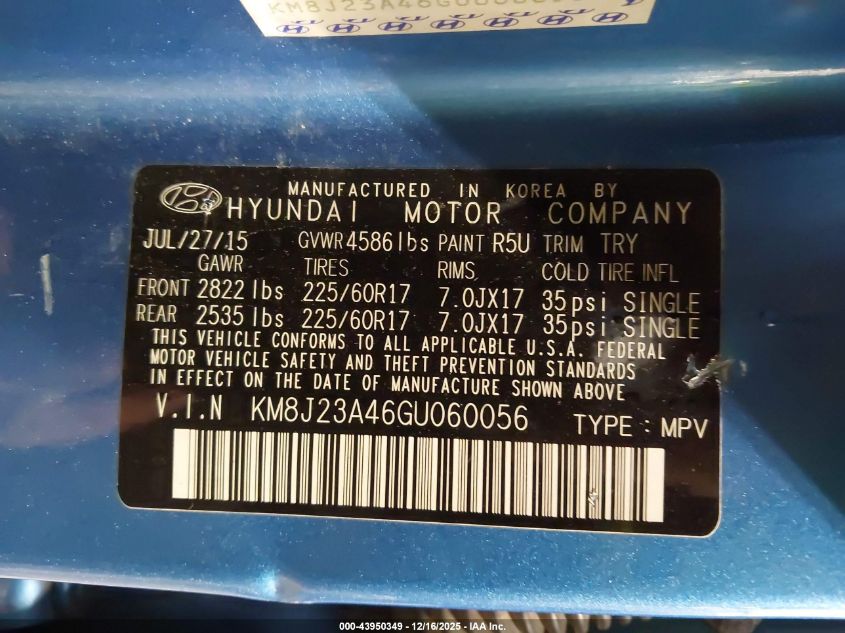 2016 Hyundai Tucson Se VIN: KM8J23A46GU060056 Lot: 43950349