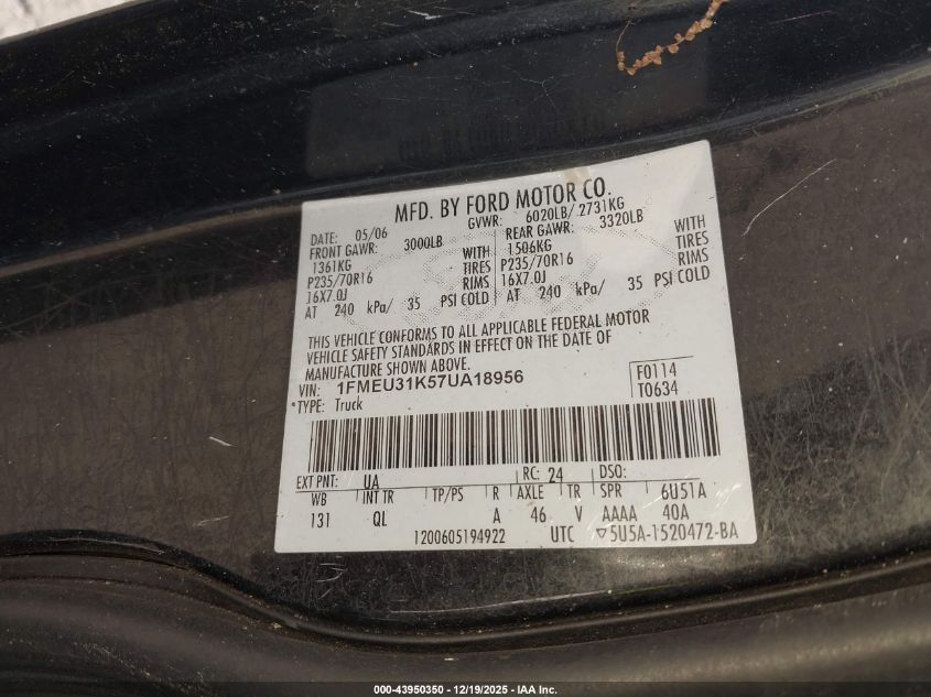 2007 Ford Explorer Sport Trac Xlt VIN: 1FMEU31K57UA18956 Lot: 43950350