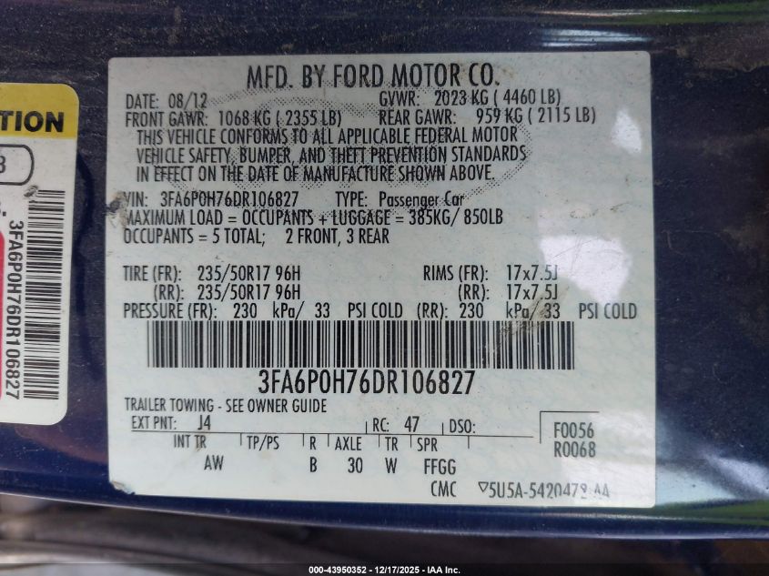 2013 Ford Fusion Se VIN: 3FA6P0H76DR106827 Lot: 43950352