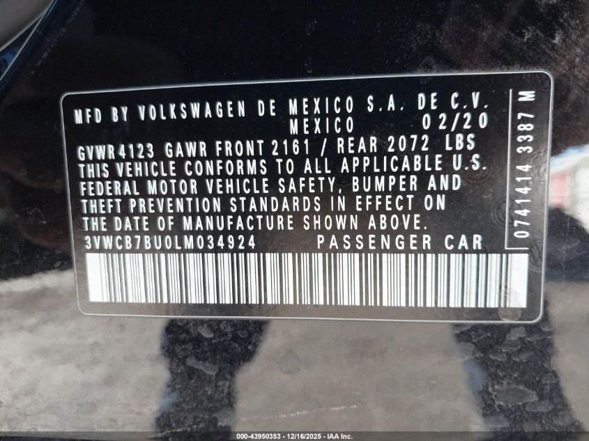 2020 Volkswagen Jetta 1.4T R-Line/1.4T S/1.4T Se VIN: 3VWCB7BU0LM034924 Lot: 43950353