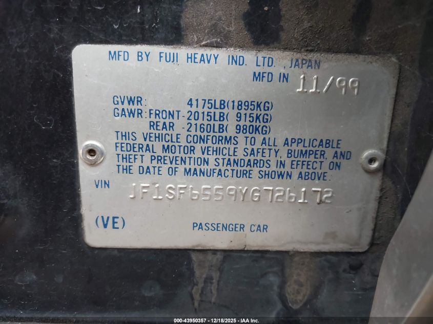 2000 Subaru Forester S VIN: JF1SF6559YG726172 Lot: 43950357