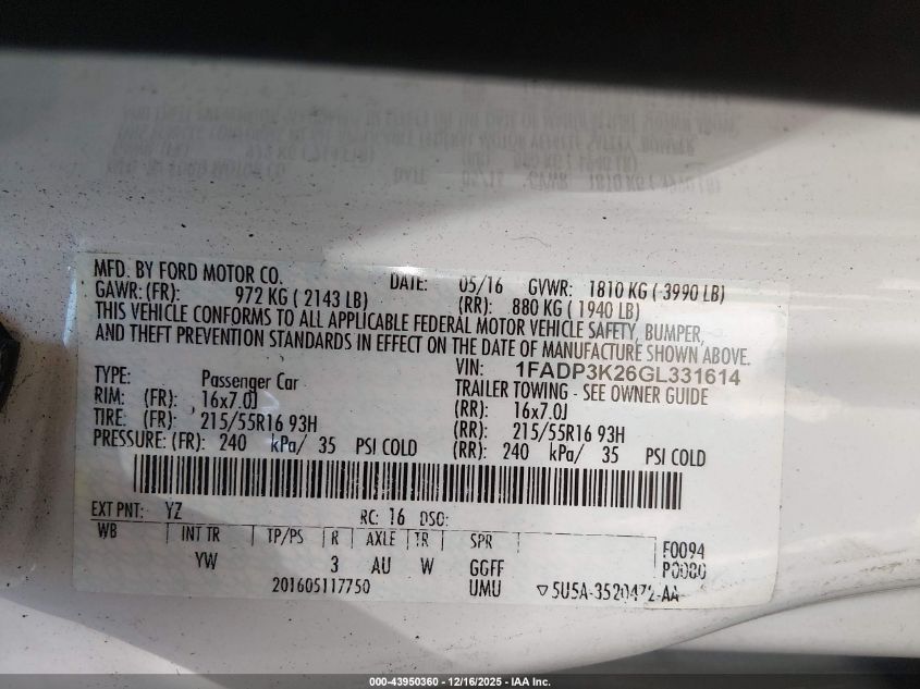 2016 Ford Focus Se VIN: 1FADP3K26GL331614 Lot: 43950360